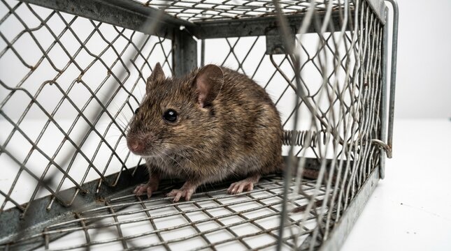 A close-up shot of a small brown mouse caught in a humane metal trap, isolated against a clean white backdrop, highlighting its capture. Hantavirus