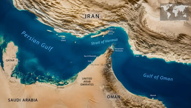 Strait of Hormuz Satellite Map Showing Persian Gulf Gulf of Oman and Middle East Geography