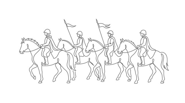Line Art Cavalcade: Knights on Horseback with Flags in Formation