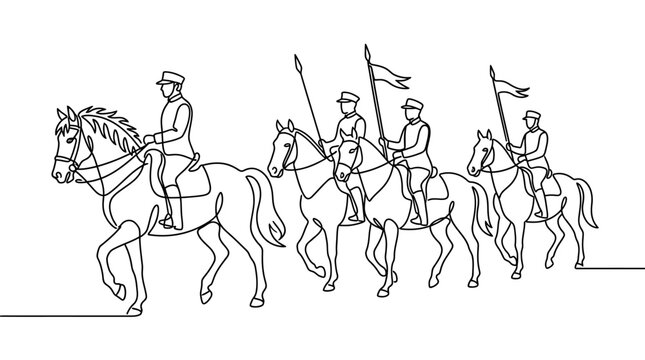 Continuous line drawing of a cavalry troop on horseback with flags, historical illustration