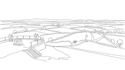 Fototapeta premium Panoramic Landscape Viewpoint with Visitors and Distant Hills, Line Art Drawing