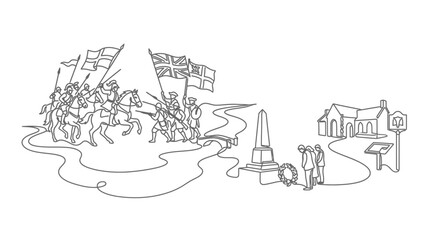 Obraz premium Historical Military March with Flags, Monument, and Village Scene