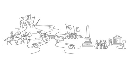 Obraz premium Historical Battle Scene Line Art: Cavalry, Infantry, Bridge, Monument, and Building