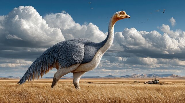 Extinct Giant Bird Roaming Ancient Plains: A majestic, flightless bird resembling an extinct moa stands tall in a vast, sun-drenched grassland.
