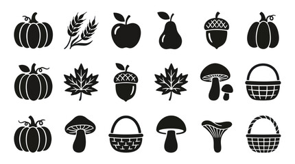 Autumn Harvest Icons Set Pumpkin Apple Pear Acorn Mushroom Basket. © Vario