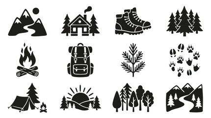 Obraz premium Camping and Hiking Adventure Icons Set for Outdoor Enthusiasts.