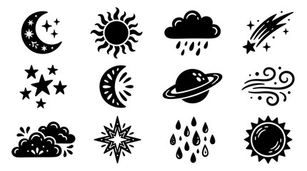 Celestial and weather icons set with sun moon stars clouds rain wind planet. © Vario