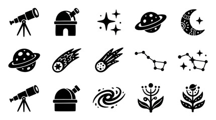 Collection of astronomy and celestial body icons in black and white. © Vario