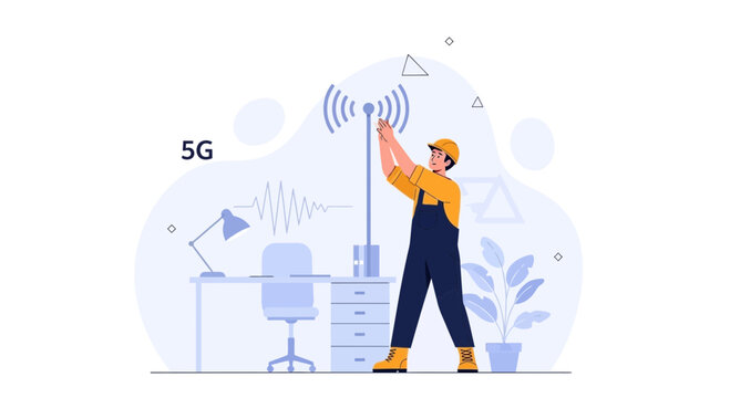 Technician installing 5G tower, representing modern communication technology and network infrastructure development.