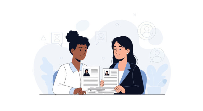Two women reviewing resumes, hiring process, job interview, career development, human resources, recruitment concept illustration