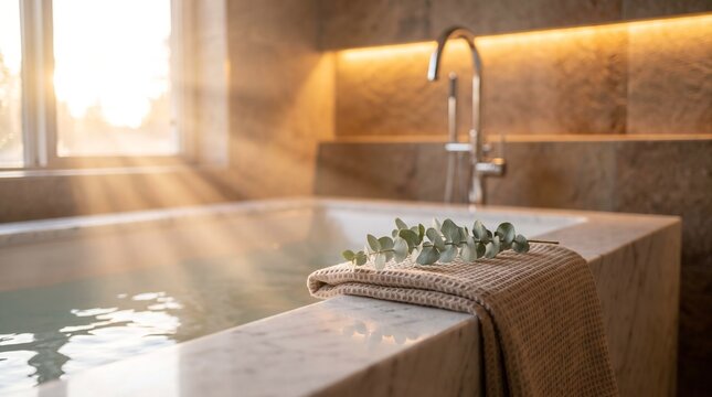 Luxurious modern bathroom interior with a large marble bathtub, warm golden sunlight streaming through a window, elegant stone walls, and a soft towel with eucalyptus leaves