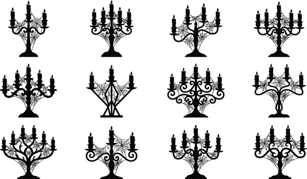 Halloween vector silhouettes bundle icons spooky candelabras with spider webs