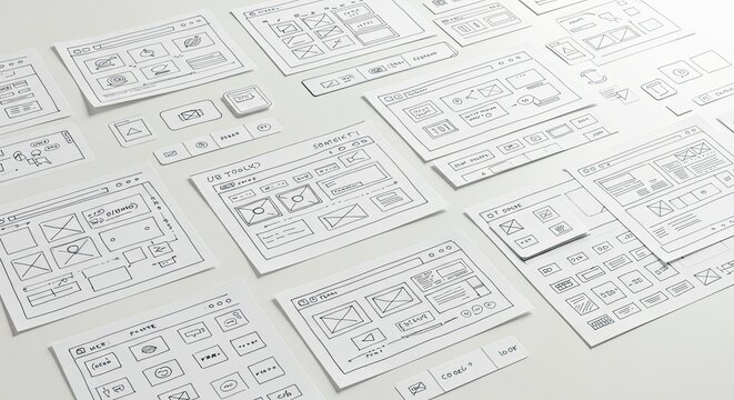 Hand-drawn Website Wireframes: UI/UX Design Sketches on White Paper.