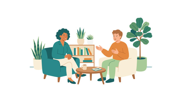 Two people having a relaxed counseling conversation in a cozy living room.