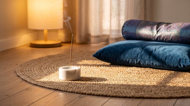 Cozy home meditation setup with burning incense stick, blue cushion, and rolled mat on a round jute rug, warm sunlight, tranquil atmosphere for mindfulness and relaxation