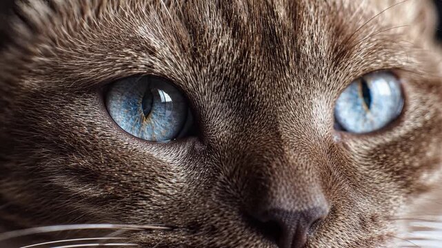 Extreme close-up of cat with bright blue eyes looking at camera.