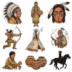 Native American culture set with traditional people, teepee, archery, pottery, and horse riding. © Insan