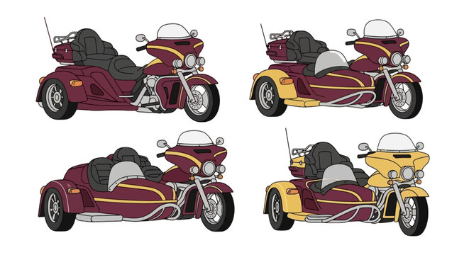 Set of classic touring motorcycles with sidecars in various colors