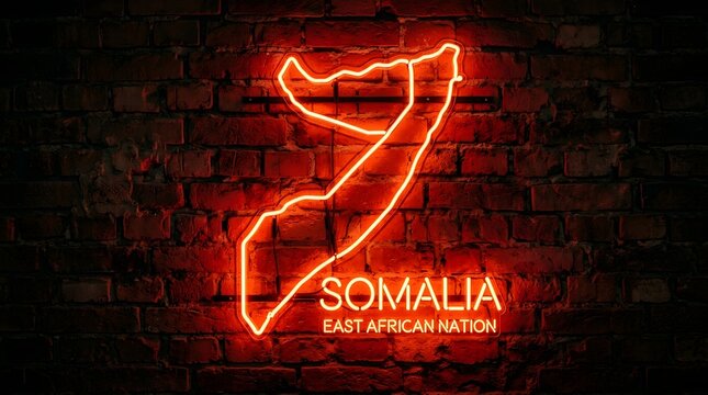Bright glowing orange neon sign depicting the map of somalia mounted on a rustic dark brick wall creating a vibrant and modern urban aesthetic display