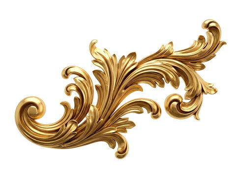 Golden ornate baroque acanthus leaf scroll isolated on transparent background