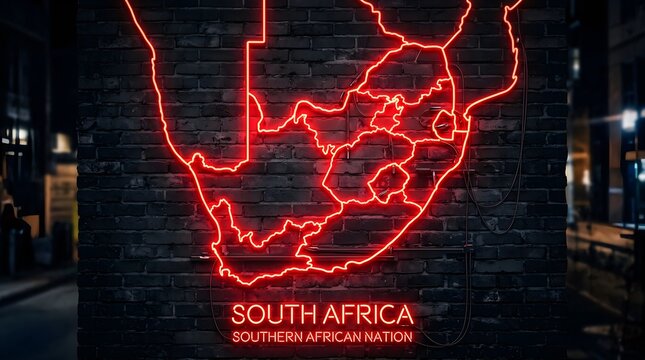 Bright red neon light shaped like the map of south africa mounted on a dark textured brick wall creating a vibrant and modern urban aesthetic display