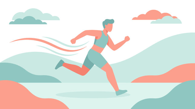 Woman jogging in abstract minimalist landscape during sunset.