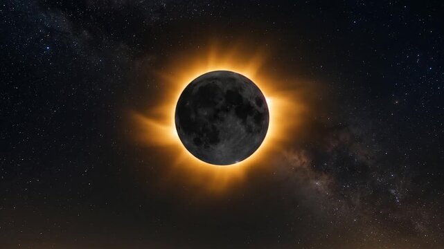 Total solar eclipse 2026 in starry space background with corona.