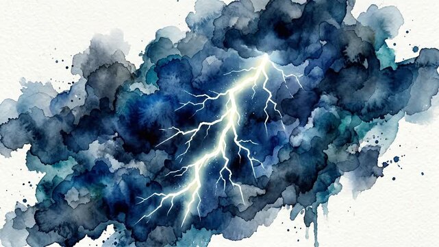 Watercolor lightning bolt striking through dark blue storm clouds.
