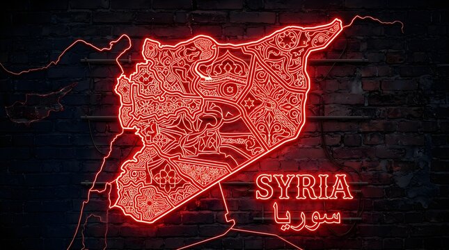Glowing red neon sign depicting the map of Syria with intricate artistic patterns displayed against a dark rustic brick wall in a vibrant urban night setting