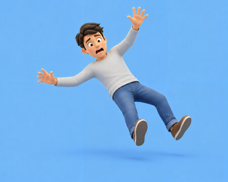 A man losing his balance and falling backwards in the blue sky