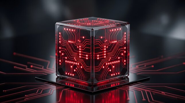 Glowing red circuit board cube on dark background