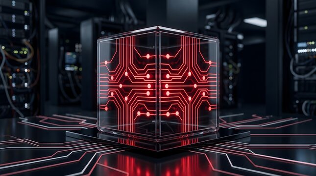 Cyber security concept with glowing red circuit board cube in data center