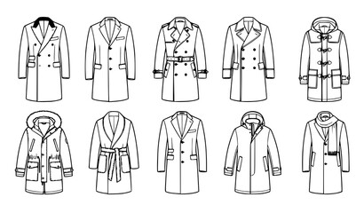 Fashionable Overcoat Vector Set Technical Flat Sketch Collection with Trench Parka Duffle and Robe Coat Designs © Abddulah