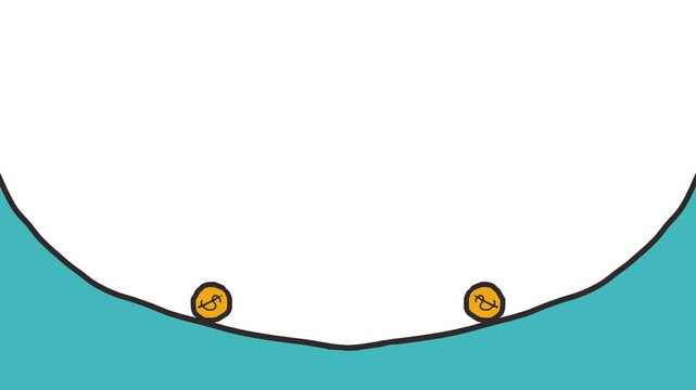 Gold coins roll along an arc and collide.