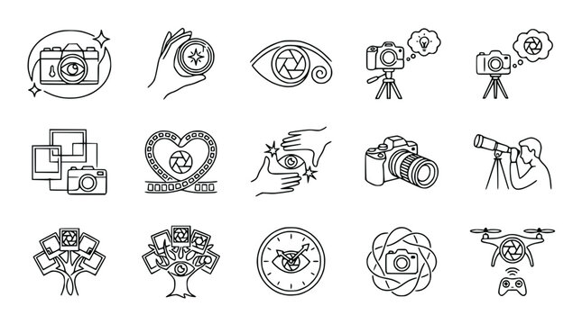 Photography Icons Set: Camera, Eye, Vision, Drone, Telescope, Photos, Heart