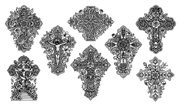 Ornamental Cross with Roses Coloring Page Collection Christian Crucifix Floral Mandala Illustration Set
