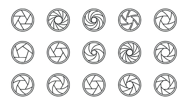 Camera Aperture Icons Set: Different Diaphragm Blades & Openings, Photography Symbol