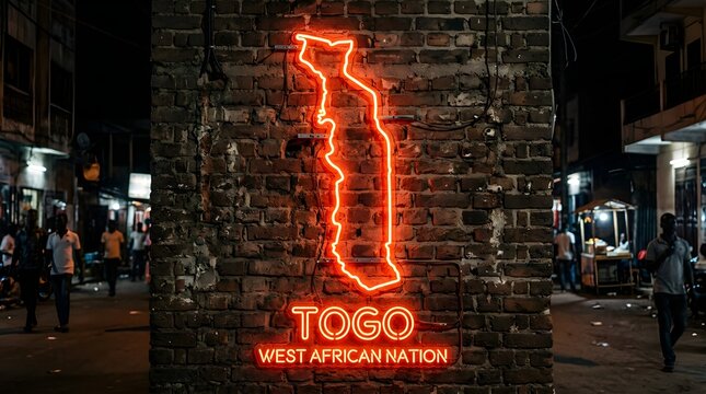 Bright orange neon sign depicting the map of togo mounted on a dark textured weathered brick wall glowing vibrantly in the middle of a street