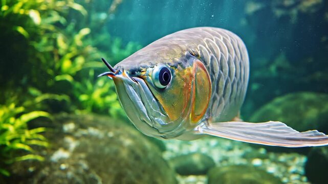 Single Silver Arowana Approaching the Camera in Slow Motion