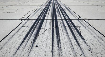 Obraz premium Perspective of tire skid marks stretching across concrete airport runway pavement