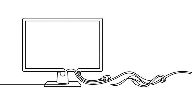 Line drawing of computer monitor connected with tangled cables illustration