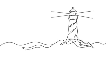 Simple line drawing of lighthouse beside wavy ocean water © Al Creator Hub