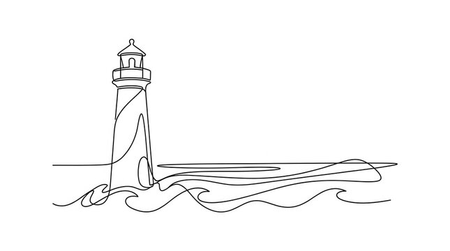 Minimal Line Drawing Lighthouse Beside Ocean Waves Illustration