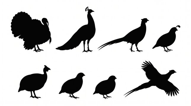 Game bird silhouettes featuring turkey, peacock, pheasant, quail, guinea fowl, diverse poses, flight, rustic farm design, natural wildlife illustration.