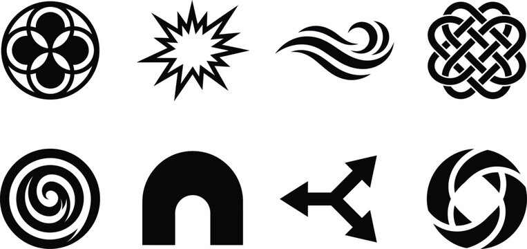 Minimalist black abstract icon set featuring geometric vector elements like a Celtic knot, spiral vortex, starburst flash, wind wave, and three-way arrow symbol for modern logo designs.