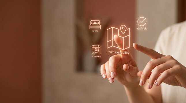 Hands interacting with digital hotel reservation system icons including map, bed, and calendar for finding room availability and booking online.
