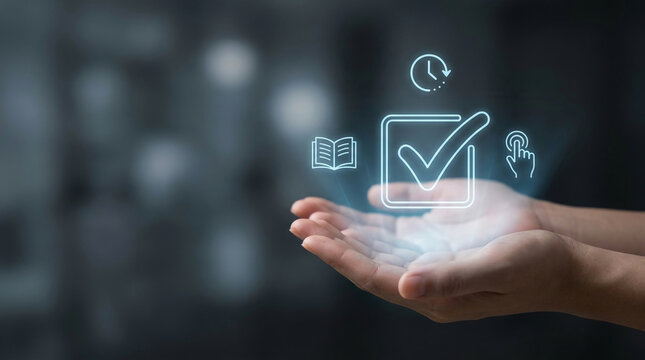 Person hands holding holographic icons of check mark, clock and book symbolizing task completion, business success, and efficient digital education concepts.