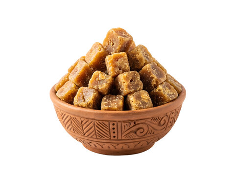 Jaggery cubes in a clay bowl isolated on transparent background