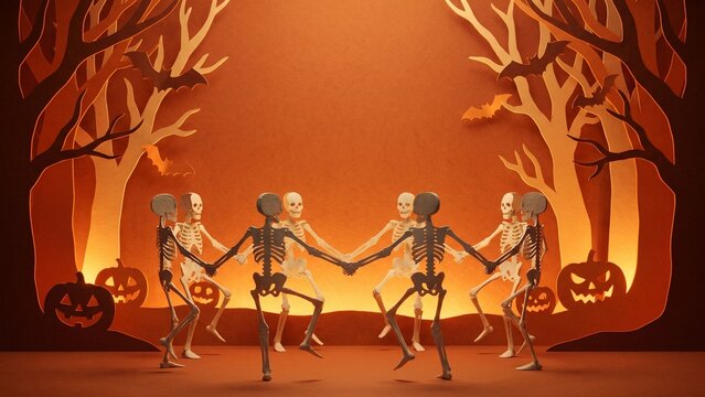 Halloween paper cut art with skeletons dancing in spooky orange forest with pumpkins and bats.