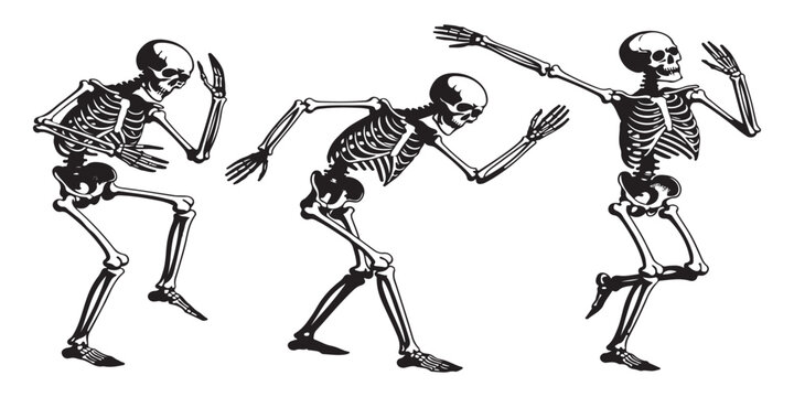 Three spooky dancing skeletons silhouette set isolated on white background for happy halloween party invitation design.